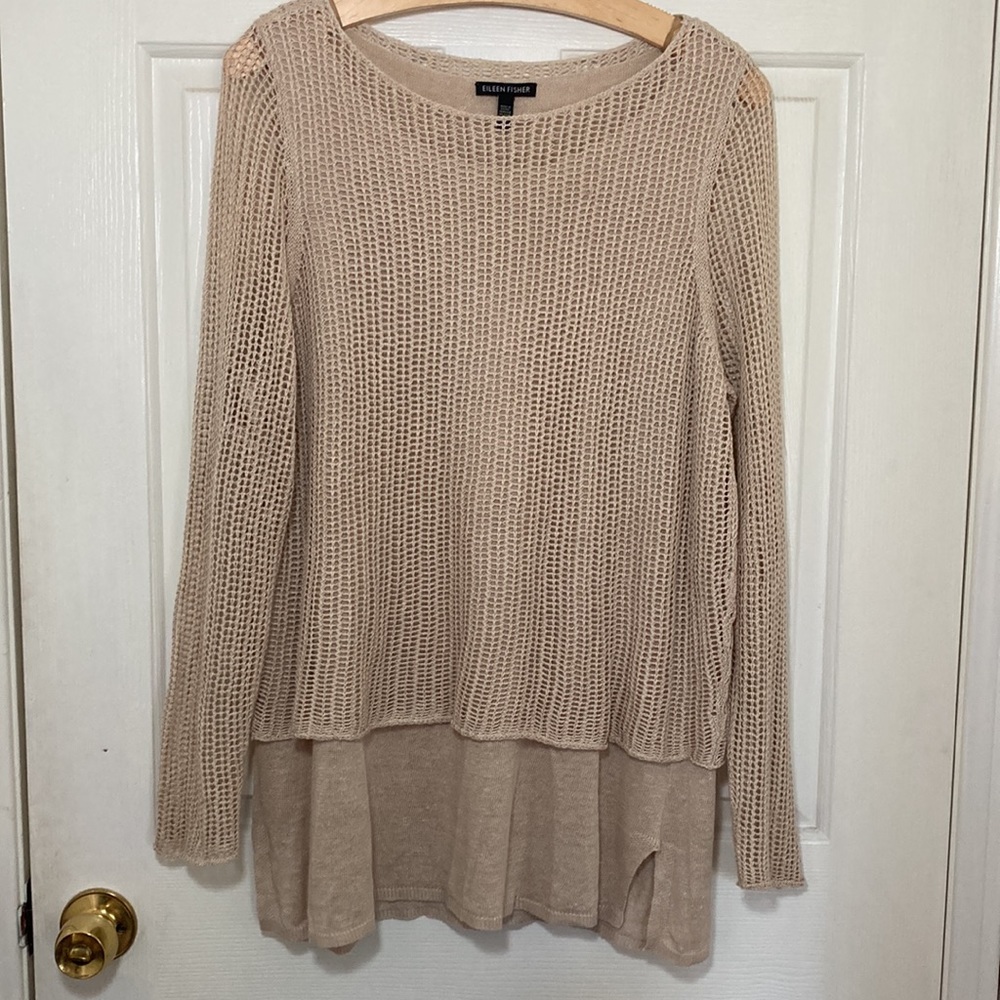 Eileen Fisher Sweater 2-layer Mesh Loose Knit Linen Overlay Pullover Tan M - Picture 2 of 9